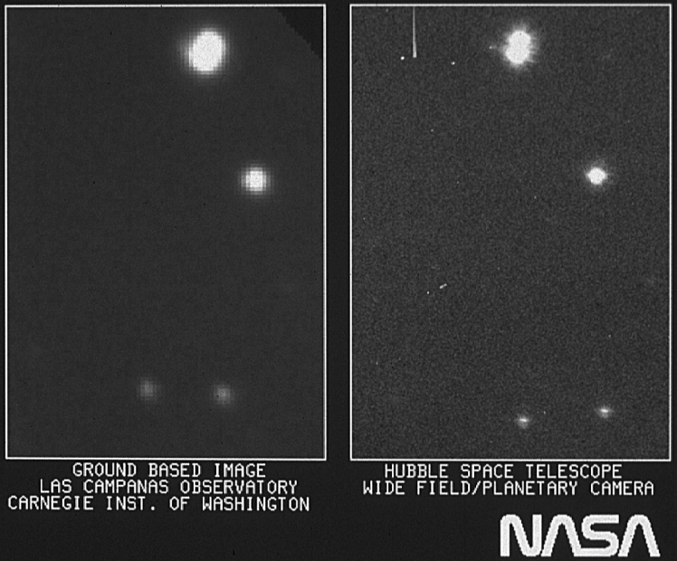 Первое изображение «Хаббла» (справа). Оно демонстрирует улучшенное разрешение и резкость по сравнению с наземными телескопами. Фото 20 мая 1990 года.