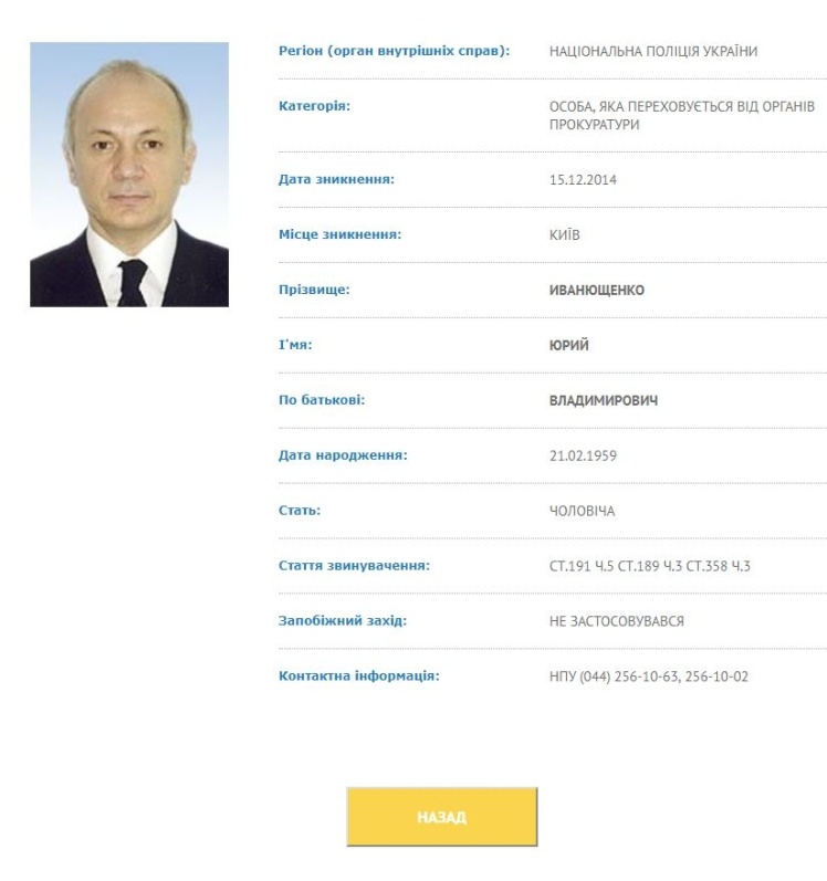 Профиль Юрия Иванющенко в базе розыска МВД