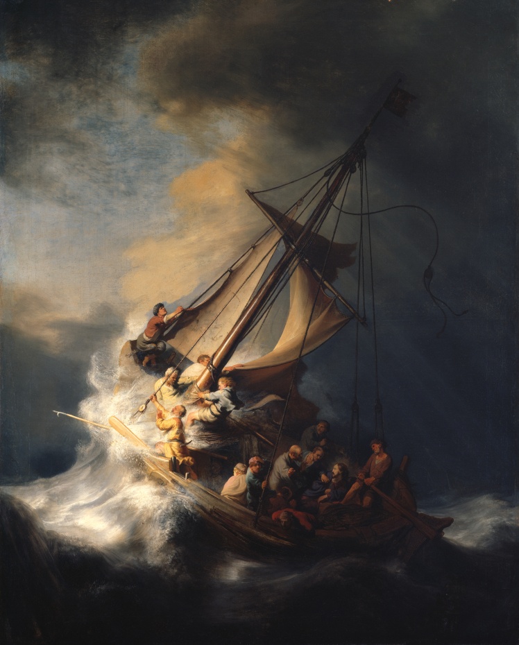 Рембрандт, «Христос під час шторму на морі Галілейському». Єдиний відомий морський пейзаж художника, оцінюється приблизно в 100 мільйонів доларів.