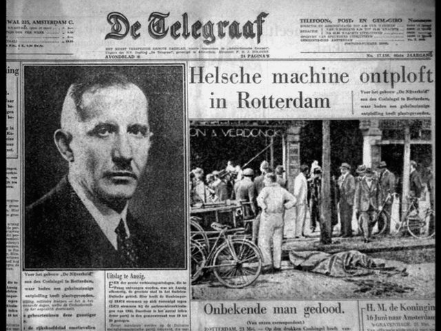 Повідомлення в нідерландській газеті De Telegraaf про вибух у Роттердамі, внаслідок якого загинув Євген Коновалець. 23 травня 1938 року.