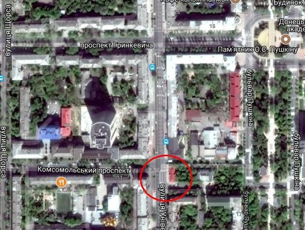 Скріншот карти місця вибуху на бульварі Пушкіна у Донецьку