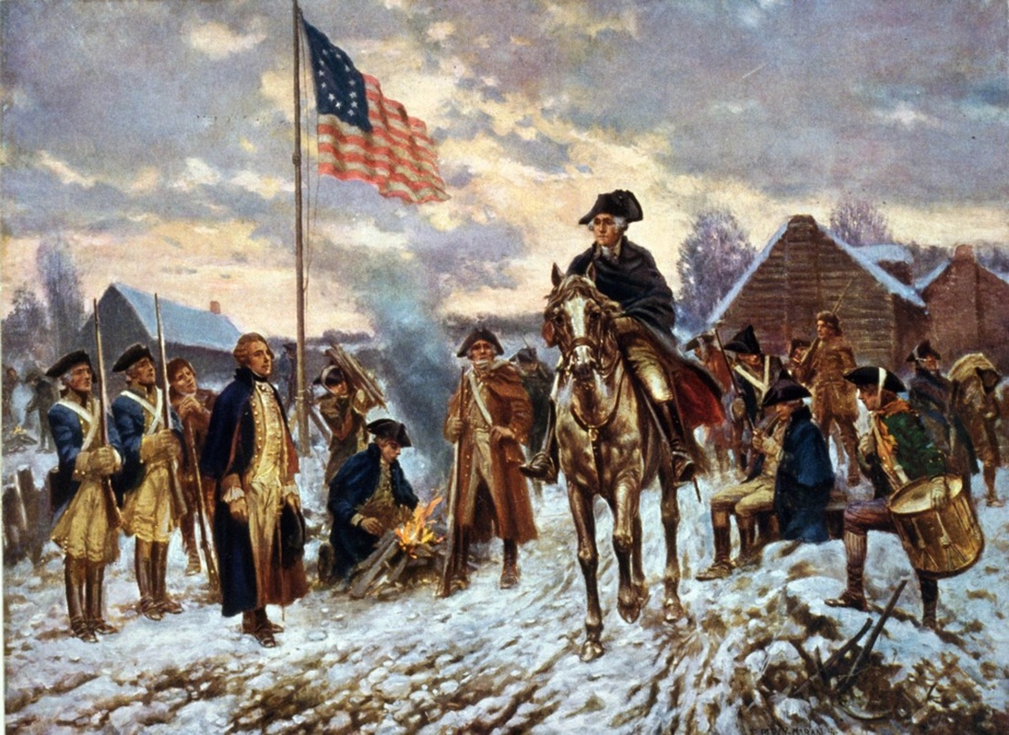 Джордж Вашингтон на коне в лагере Вэлли-Фордж в Пенсильвании, где его армия была расквартирована на зимовку в 1778 году. Здесь Вашингтон провел вторую крупную кампанию по обязательным прививкам против оспы для солдат. Автор картины Эдвард Перси Моран, 1911 год.