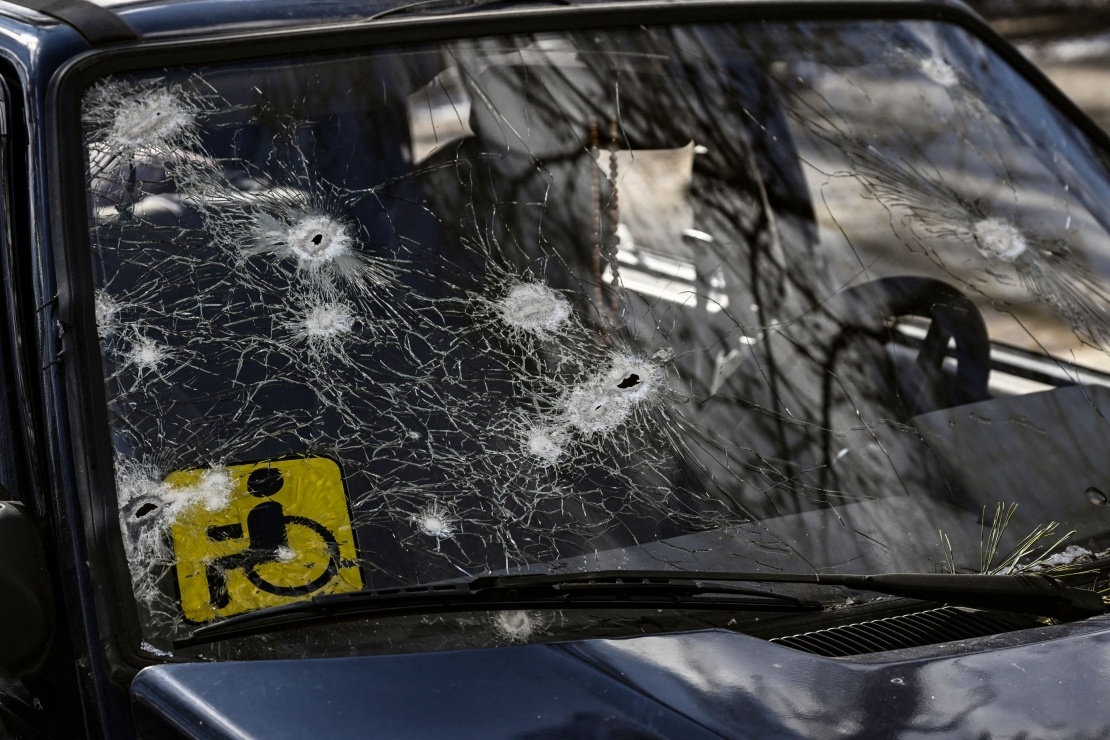 A civilian car fired by Russians in Irpin on March 10, 2022.