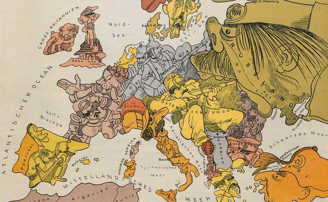 На фото: Німецька сатирична карта початку Першої світової у 1914 році. Тут головним противником зображується росія, яка намагається «проковтнути» всю Європу.