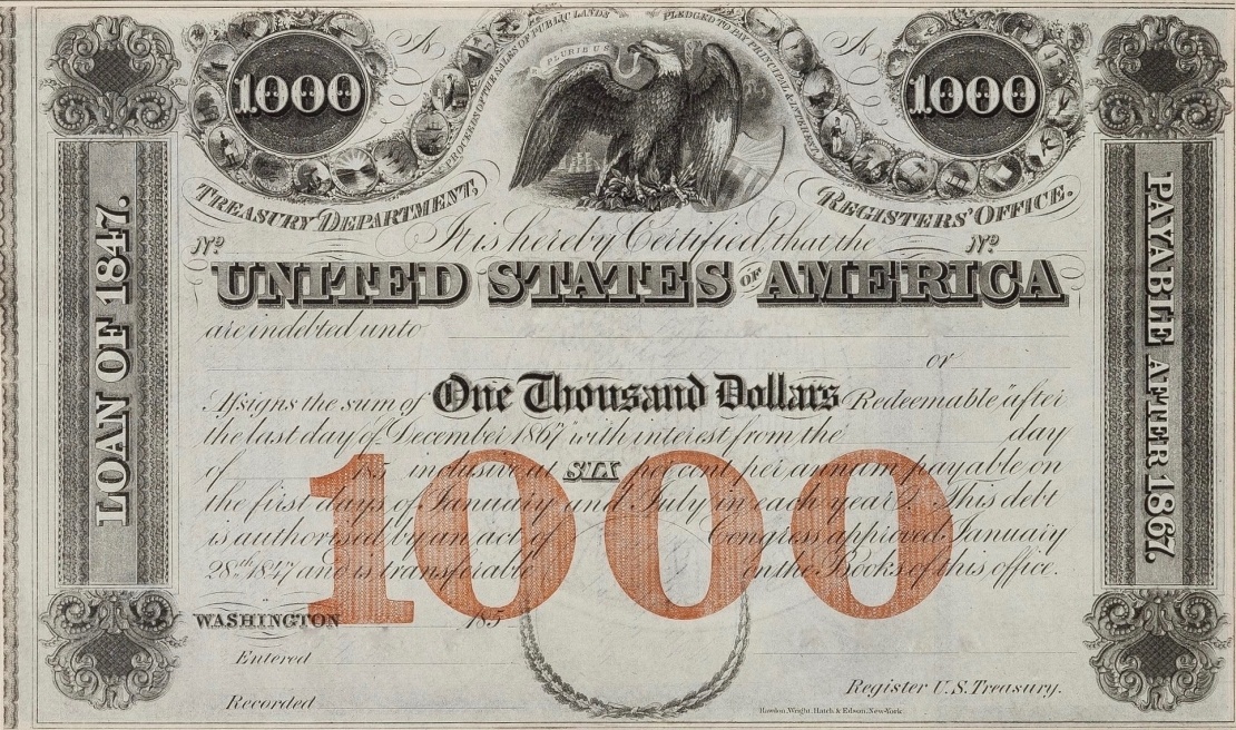 US Treasury Bond for the Mexican War, 1847.