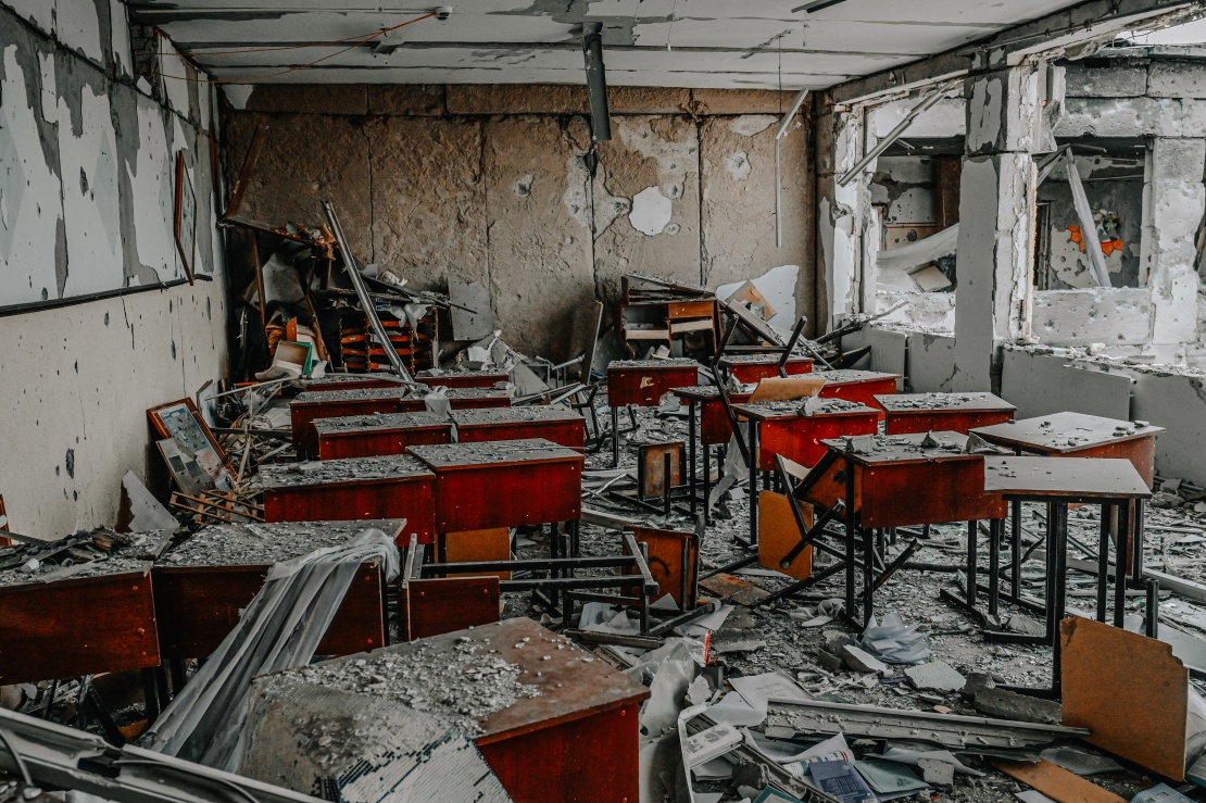 A destroyed class at a school hit by Russian missiles in the village of Zelenyi Hai in southern Ukraine between Kherson and Mykolayiv, less than 5 km from the front line. April 1, 2022.
