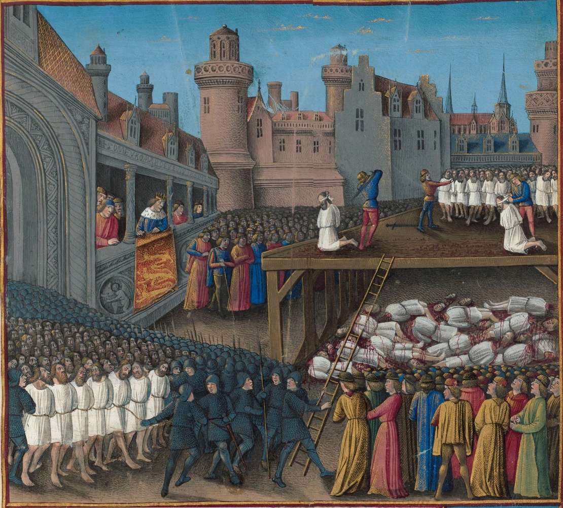 Розправа над полоненими сарацинами за наказом короля Річарда I. Знайдено в колекції Національної бібліотеки Франції. Художник Жан Коломб (близько 1430 — близько 1493).