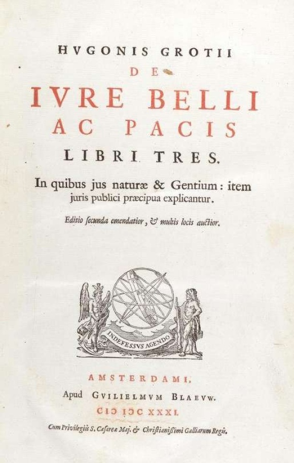 <p>Титульний аркуш другого видання трактату Гуго Гроція <em>De jure belli ac pacis libri tres</em>&nbsp;— «Трьох книг про право війни та миру». Амстердам, 1631 рік. </p>