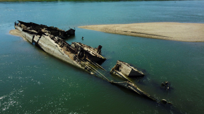The Danube River has shallowed due to drought and exposed the remains of German ships from the Second World War