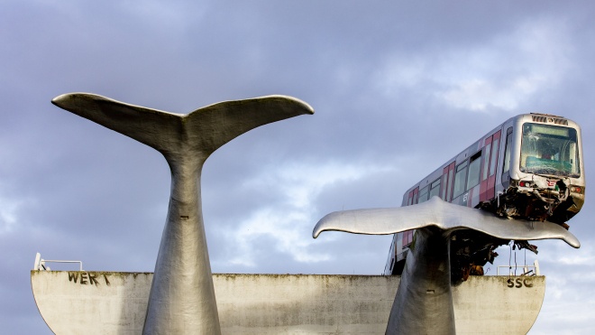 В Нидерландах люди собрались посмотреть, как со скульптуры китов снимают вагон метро. Она не дала ему упасть в реку