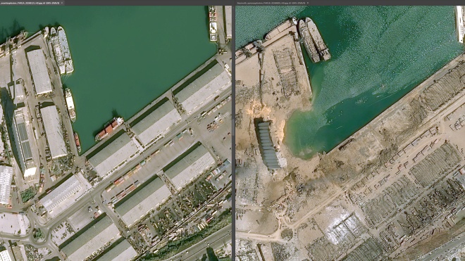 Разбросанные корабли и море на месте взрыва: обнародованы спутниковые снимки разрушенного порта в Бейруте