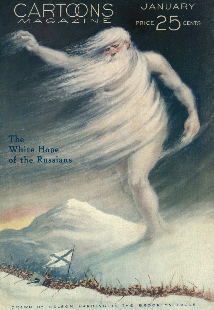 На фото: Американська карикатура 1916 року із підписом «Біла надія росіян».