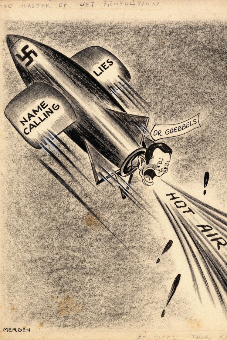 Під час Другої світової у світ політичної карикатури нарешті почали прориватися жінки. Першою і найвідомішою стала американка Енн Мерген. На фото ліворуч: Карикатура Мерген 1940 року на брехливу пропаганду Геббельса.