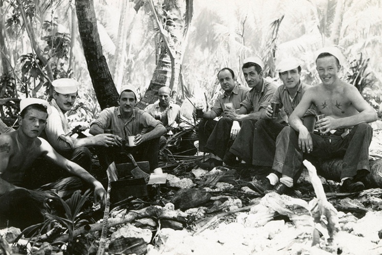 US Navy sailors drink beer on the island of Ulithi in the Pacific Ocean, 1945.