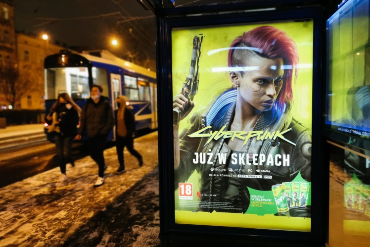 Постер Cyberpunk 2077 у Кракові, 10 грудня 2020 року.