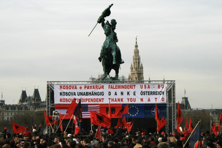 Celebrating Kosovoʼs independence by refugees in Vienna, February 17, 2008