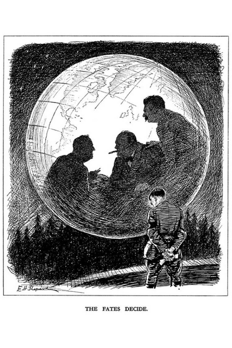У 1943 році стався перелом на ключових фронтах на користь антигітлерівської коаліції, а в 1944 році відкрили другий фронт у Західній Європі, після цього поразка Німеччини стала майже неминучою. На фото ліворуч: Англійська карикатура 1943 року, на якій Гітлер заглядає в майбутнє та бачить, як Рузвельт, Черчилль і Сталін вирішують долю повоєнного світу.