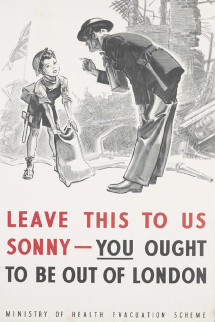 Британський плакат часів Другої світової війни із закликом до дітей евакуюватись із Лондону.