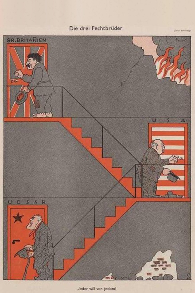 На фото праворуч: Німецька карикатура на СРСР, США та Велику Британію «Три брати-жебраки. Один в одного просить подачки».