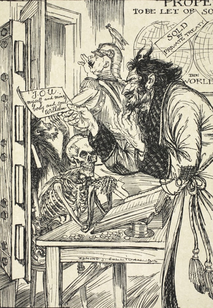 На фото: Британська карикатура 1916 року, на якій Вільгельм ІІ підписує угоду з дияволом.