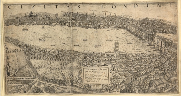 Лондон с высоты птичьего полета от Хэмпстеда до Сент-Данстана. Гравюра Джона Нордена, 1600 год.