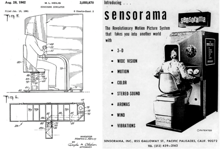 Первый в мире виртуальный симулятор «Сенсорама», запатентованный в 1962 году изобретателем Мортоном Хейлигом. В нем можно было «прокатиться» на мотоцикле по Нью-Йорку — на экране была видеозапись «от первого лица», сиденье вибрировало, динамик транслировал звуки оживленной улицы, в камеру поступали запахи.