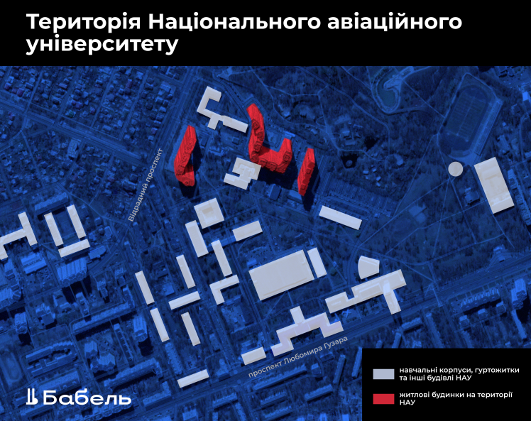 Development projects on the territory of NAU, shown in red. In light blue study premises, laboratories and student dormitories are shown.