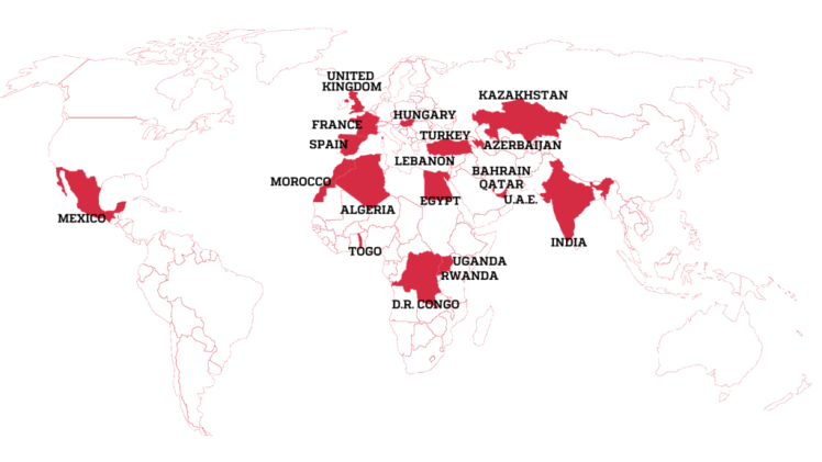 Forbidden Stories опубликовала карту со странами, в которых жертвами шпионского ПО стали журналисты.