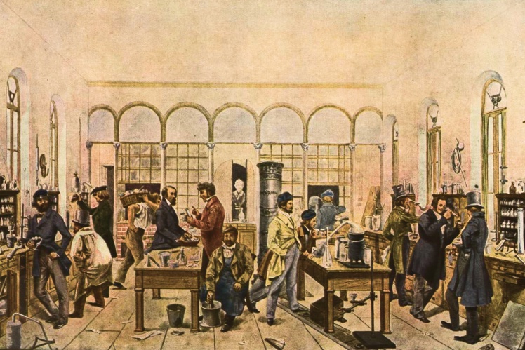 Юстус Лібіх у власній лабораторії в 1840 році. Малюнок німецького художника Вільгельма Траутшольда.