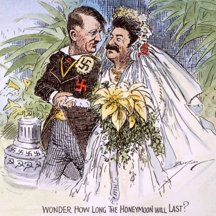 Німеччина та СРСР підписали 23 серпня 1939 року пакт Молотова&nbsp;—&nbsp;Ріббентропа, до якого додавався секретний протокол про розмежування сфер інтересів і зон окупації в Європі. У карикатурах це зображувалось як шлюб лідерів двох держав-агресорів — Гітлера та Сталіна. На фото: Британська карикатура 1939 року з підписом «Цікаво, скільки триватиме цей медовий місяць?».
