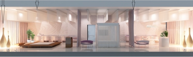 Подиум для тайского массажа, а в центре комнаты — кровать, зашторенная тюлевым балдахином.