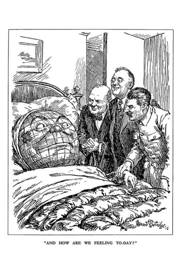 Pictured right: A 1945 English cartoon of Roosevelt, Churchill, and Stalin visiting a wounded globe in hospital, asking: "And how are we feeling today?"