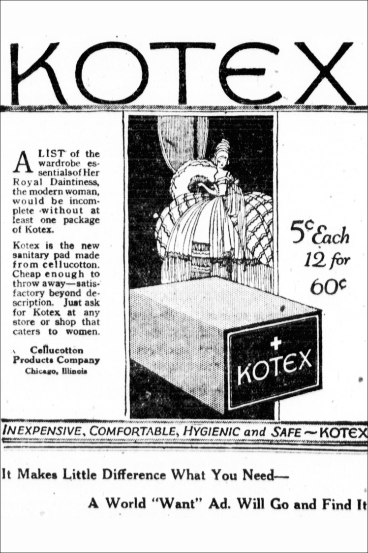 Реклама прокладок Kotex у нью-йоркській газеті The evening world, 30 листопада 1920 року.