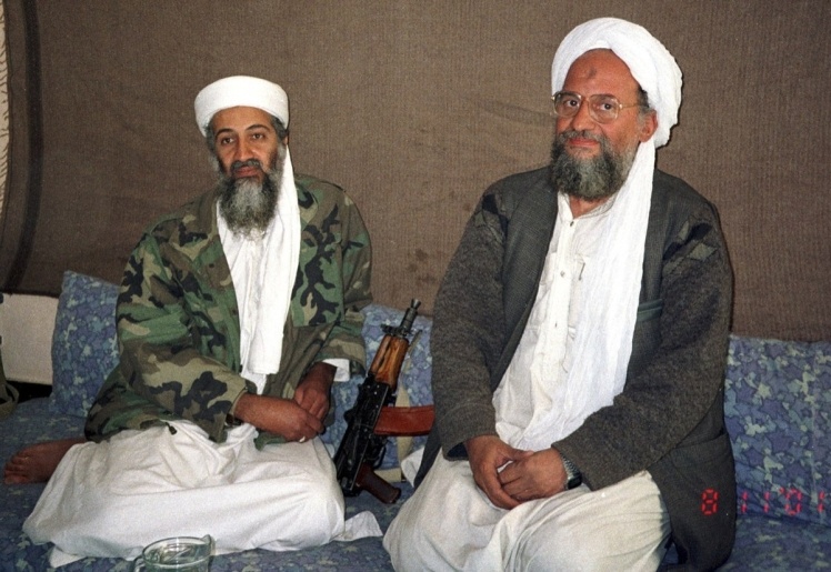 Ayman al-Zawahiri (right) and Osama bin Laden (left) give an interview, 2001.
